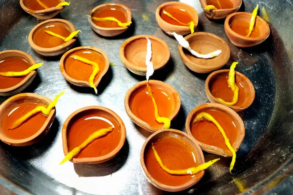 Traditional Clay Diya Lamps Lit Diwali Celebration — Fotografia de Stock