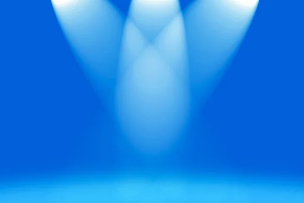 Three Spotlights Illuminate Empty Stage Blue Background — Foto Stock