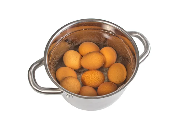 Pan with cooking eggs, isolated on the white — Stock Photo, Image