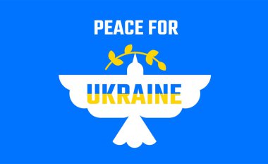 Ukrayna vektör illüstrasyonu için barış - kanatlı beyaz barış güvercini ve Ukrayna metin bayrağı 
