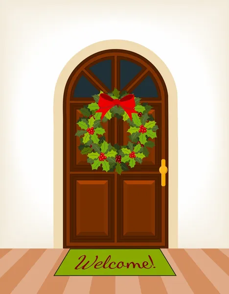 クリスマスの花輪のドア — ストックベクタ