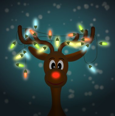 Funny reindeer with christmas lights shining in dark clipart