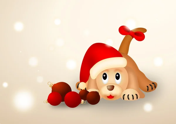 Christmas puppy with red balls and Santa — Stock Photo, Image