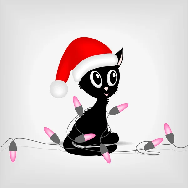 Zwarte kitty met elektrische Kerstverlichting — Stockvector