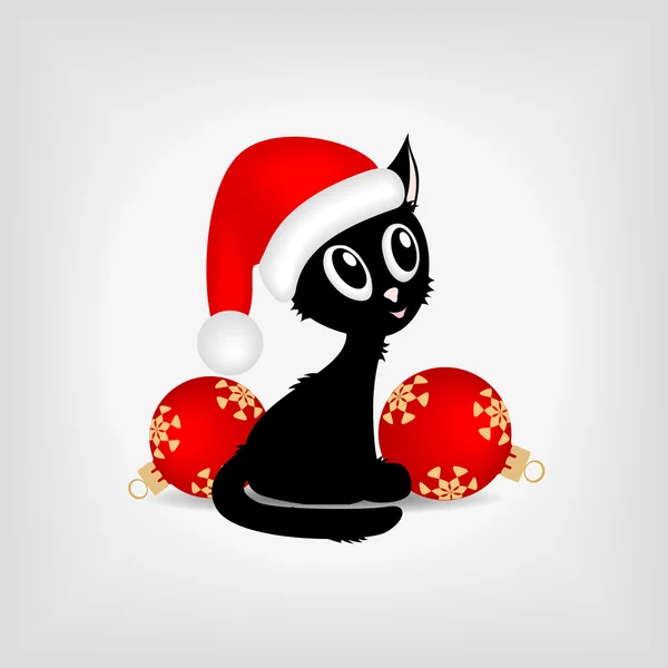 Black kitty with red christmas balls — Stock Vector