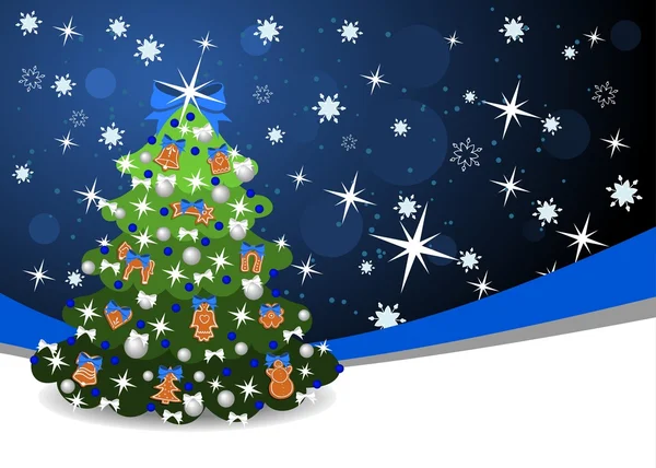 Fond de Noël avec ruban bleu et arbre de Noël — Image vectorielle