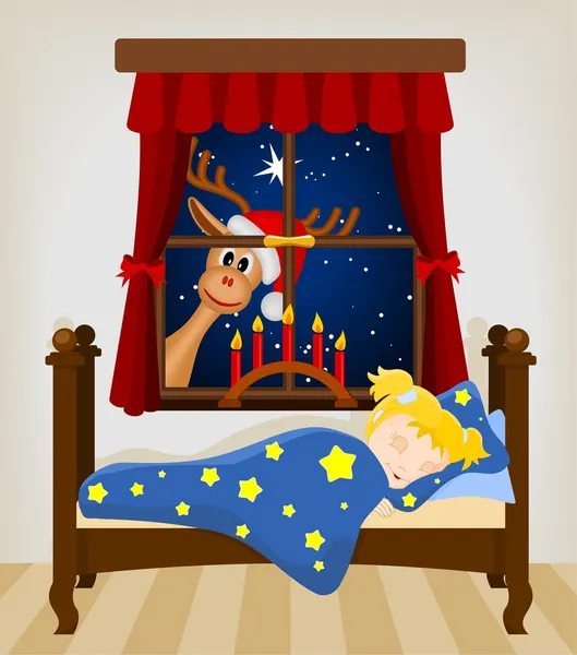 Kerst rendieren kijken via venster bij slapende baby — Stockvector
