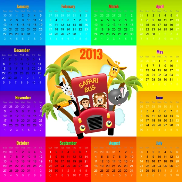 Bunter Kalender 2013 mit Tieren im roten Bus — Stockvektor