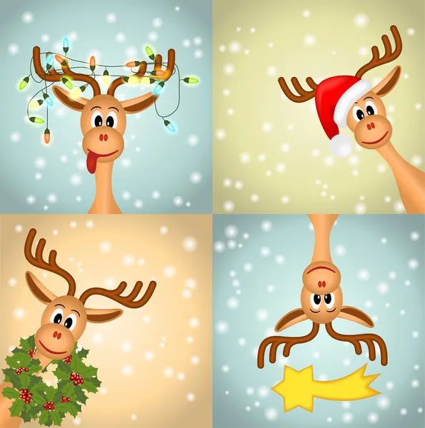 Four funny christmas reindeer — Stock Vector