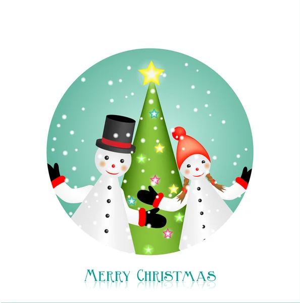 Weihnachtsgrußkarte mit zwei Figuren und Weihnachtsbaum — Stockvektor
