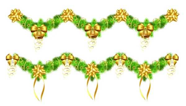 Duas guirlandas de Natal com fitas douradas e sinos — Vetor de Stock