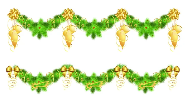 Duas guirlandas de Natal com decorações douradas — Vetor de Stock