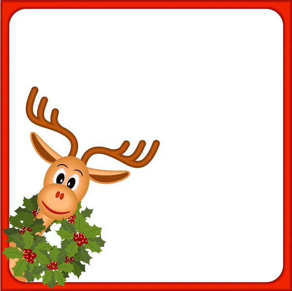 Funny reindeer with wreath of holly — Stock Vector