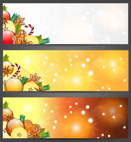 Jul banners med äpplen, dekorationer och pepparkakor — Stock vektor