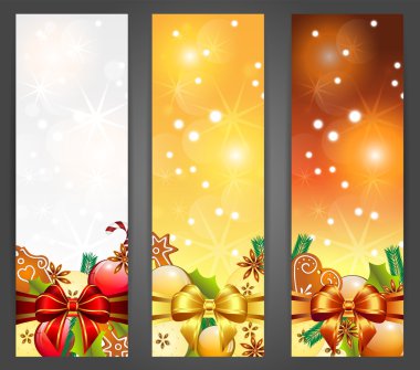 elma, süslemeleri, kurdeleler ve gingerbr ile yılbaşı Banner