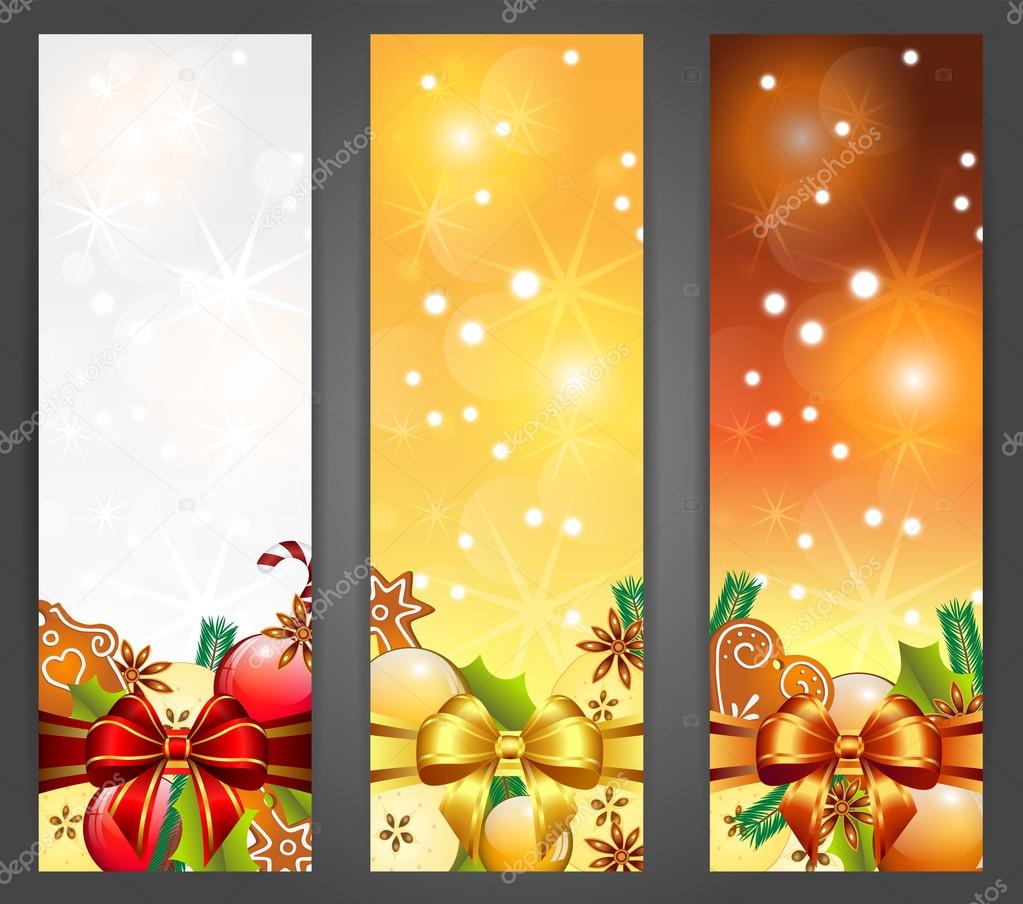 Christmas banners with apples, decorations, ribbons and gingerbr ⬇ Vector Image by