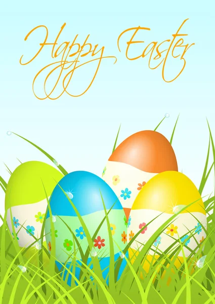 Easter eggs in green grass, with blue sky — Stock Vector