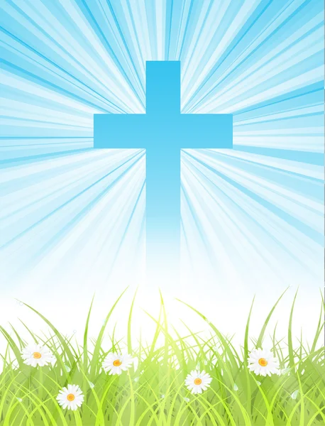 Cross on blue sky, with sun rays and green lawn — Stock Vector