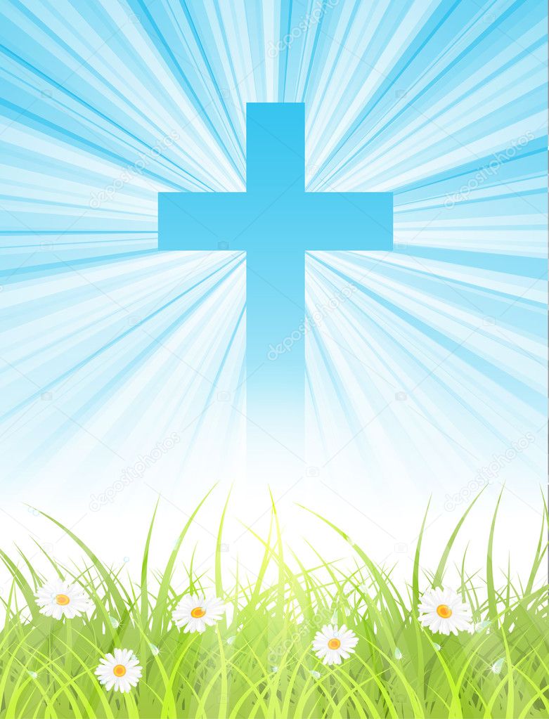 cross on blue sky, with sun rays and green lawn