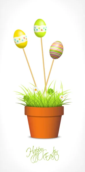 Pasen eieren en vers gras in de bloempot — Stockvector