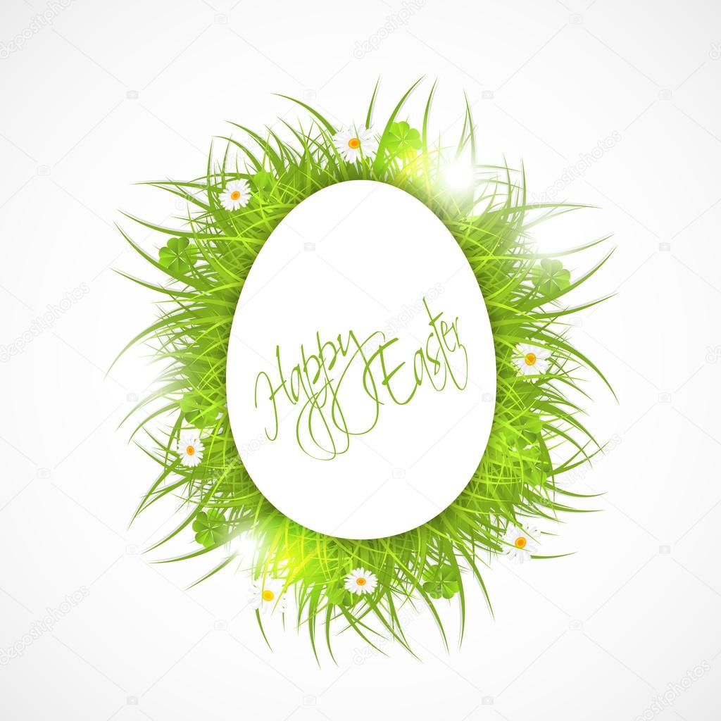 abstract easter illustration, white egg and fresh grass