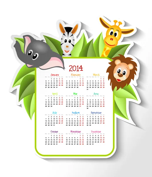 Calendario 2014 con animales — Vector de stock