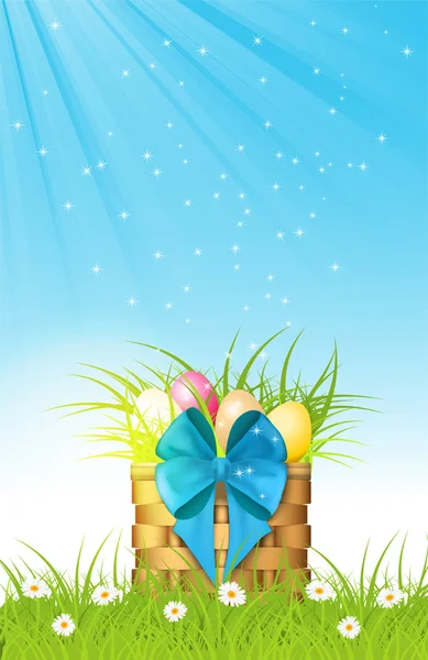 对鲜草的复活节彩蛋与木篮 — 图库矢量图片