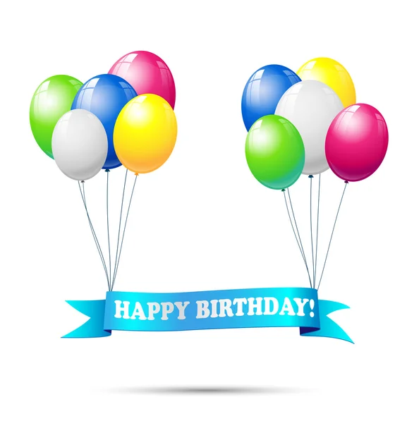 Κορδέλα με χαρούμενα γενέθλια κείμενο, κρέμονται από μπαλόνια — Διανυσματικό Αρχείο