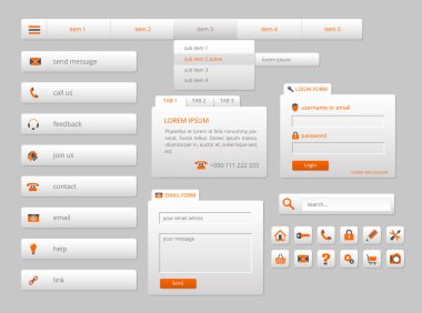 Turuncu simgeleri ile modern gri web kullanıcı arabirimi öğeleri
