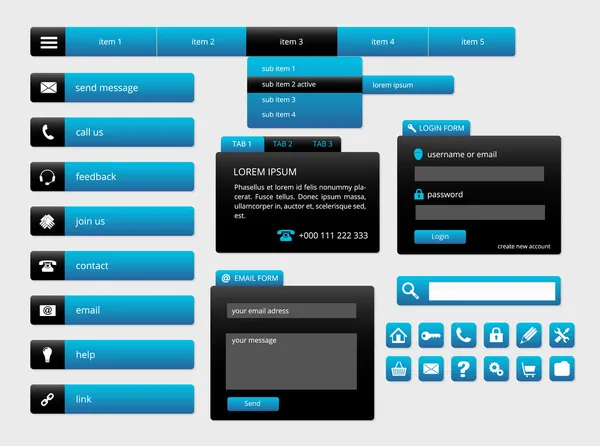 Moderno preto e azul web ui elementos —  Vetores de Stock