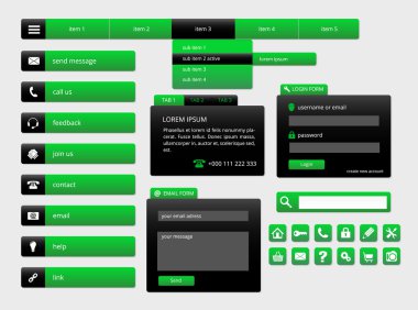 Modern siyah ve yeşil bir web kullanıcı arabirimi öğeleri