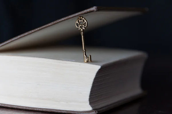 Golden key and a book — Stock Photo, Image