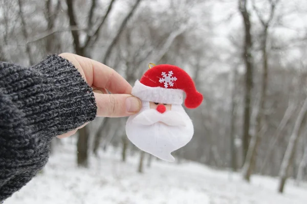 Kéz fogja Mikulás Claus a háttérben a téli erdő. — Stock Fotó