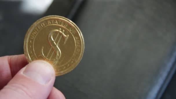 Ruka drží zlatou dolarovou minci. Úspěšná práce. — Stock video