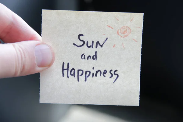 Sun Happiness Creative Concept Hand Holding Tag Inscription High Quality — Fotografia de Stock