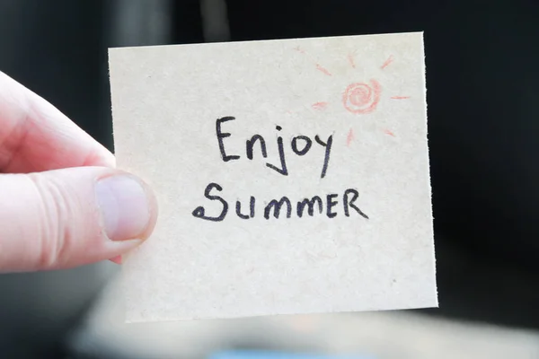 Enjoy Summer Creative Concept Hand Holding Tag Inscription High Quality — Stok fotoğraf