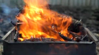 Mangalda mangal yapmak için meyve ve böğürtlen ağaçlarından yakacak odun yanıyor. 