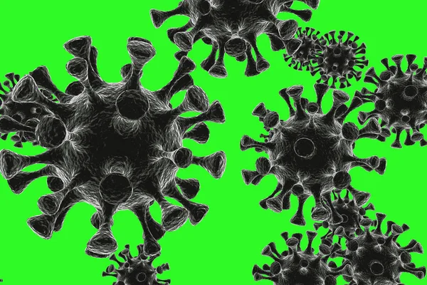 Coronavirus 2019-nCov, koronavirüs enfeksiyonu yeni salgın konsepti, yeşil arka plan, 3D görüntüleme