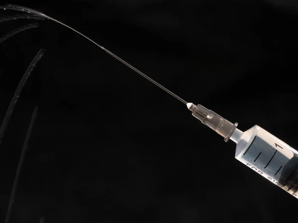 Doctor Squeezes Medicine Out Syringe Small Stream Drop Medicine Hangs — Stockfoto
