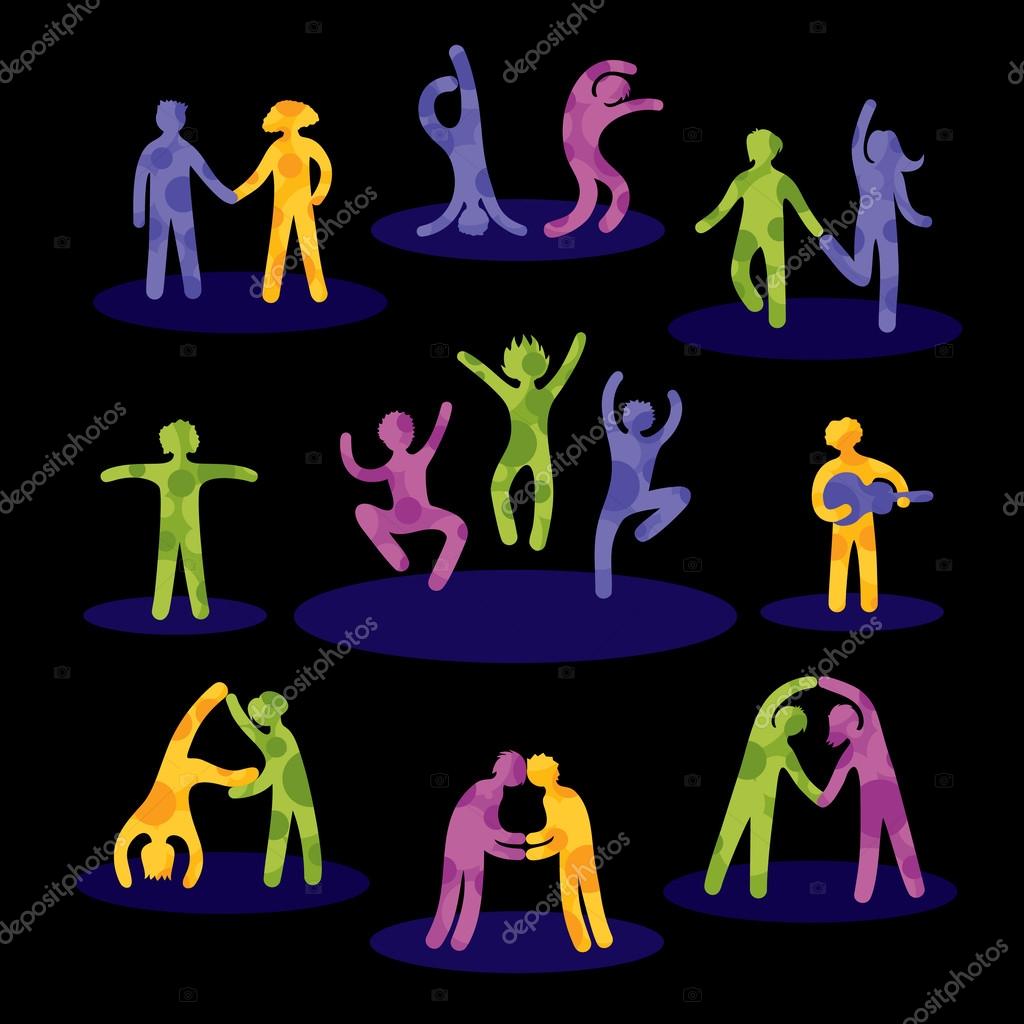 Set of bright human icons of people having fun. Black background.