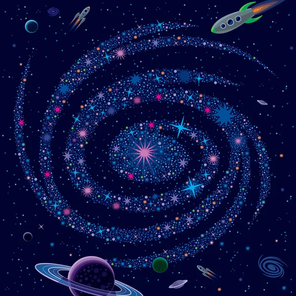 Kosmische achtergrond galaxy en ruimteschepen — Stockvector