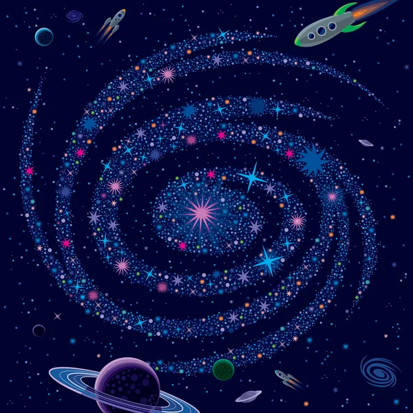 Fondo Cósmico Galaxia y Naves Espaciales — Vector de stock