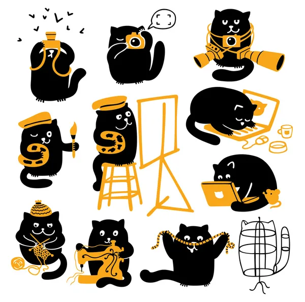 Ensemble de chats noirs. Professions créatives — Image vectorielle