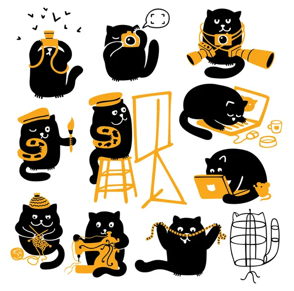 Kara kediler kümesi. yaratıcı meslekler Telifsiz Stok Vektörler