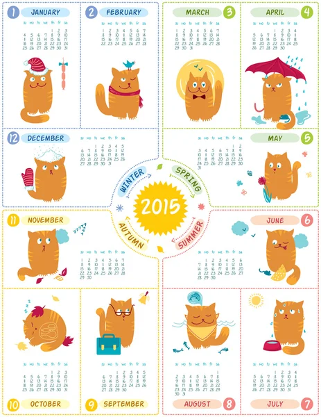 Calendario 2015 con lindos gatos — Vector de stock