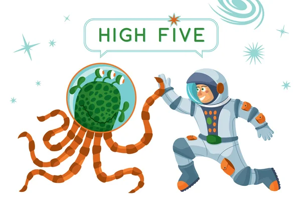 Astronaut And Alien Making High Five — 图库矢量图片