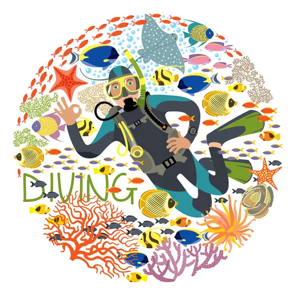 Дайвер с подводными растениями и тропическими рыбами — стоковый вектор