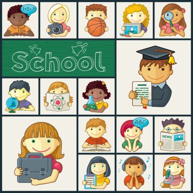 Set Of School Icons With Kids clipart
