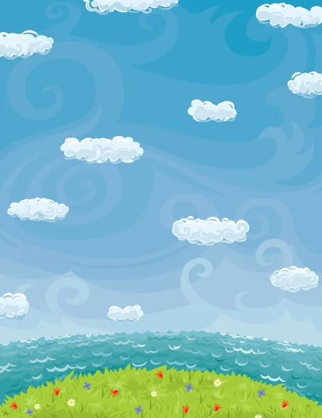 Літній фону з моря хмарного неба і газон — стоковий вектор