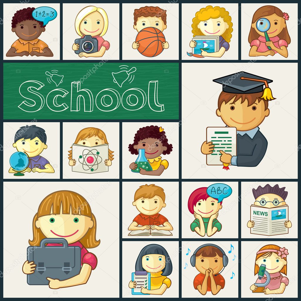 Set Of School Icons With Kids